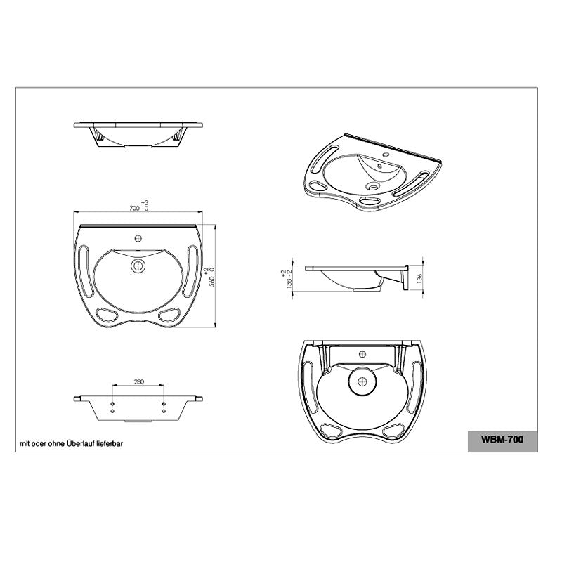 Waschtisch WBM-700, Waschbecken, barrierefreies Wohnen